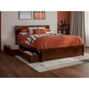 Wesley Walnut Brown Solid Wood Frame Full Platform Bed with Panel Footboard and Storage Drawers