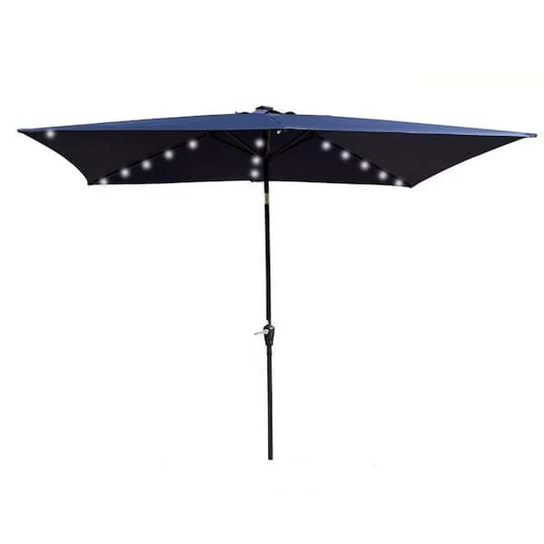 10 x 6.5 ft. Metal Ectangular Solar LED Lighted Outdoor Patio Umbrella with Crank and Push Button Tilt in Navy Blue