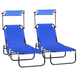 Blue Metal Outdoor Folding Chaise Lounge Pool Chairs, Sun Tanning Chairs with Canopy Shade (Set of 2)