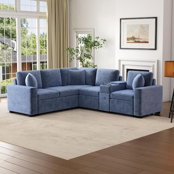 120.5 in. Reversible Chenille Modular Sectional Sofa Bed in Blue with Pull-Out Bed, Cup Holders and Ample Storage