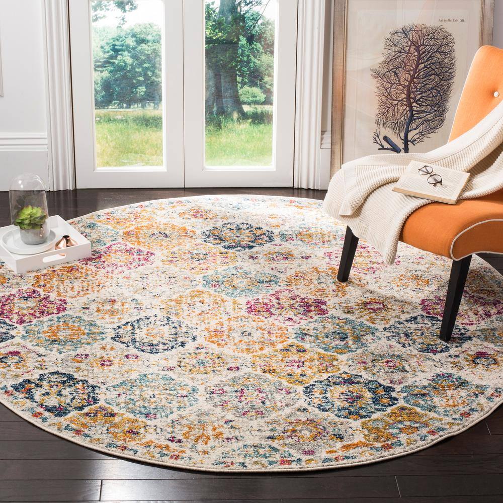 Blue and Multi-Color Round Cotton Synthetic Area Rug