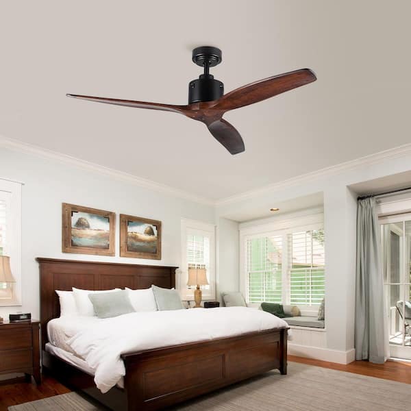 52 in. Mid-Century Black Housing Walnut Downrod Mount Ceiling Fan with 3 Solid Wood Blades,Reversible Motor for Bedroom
