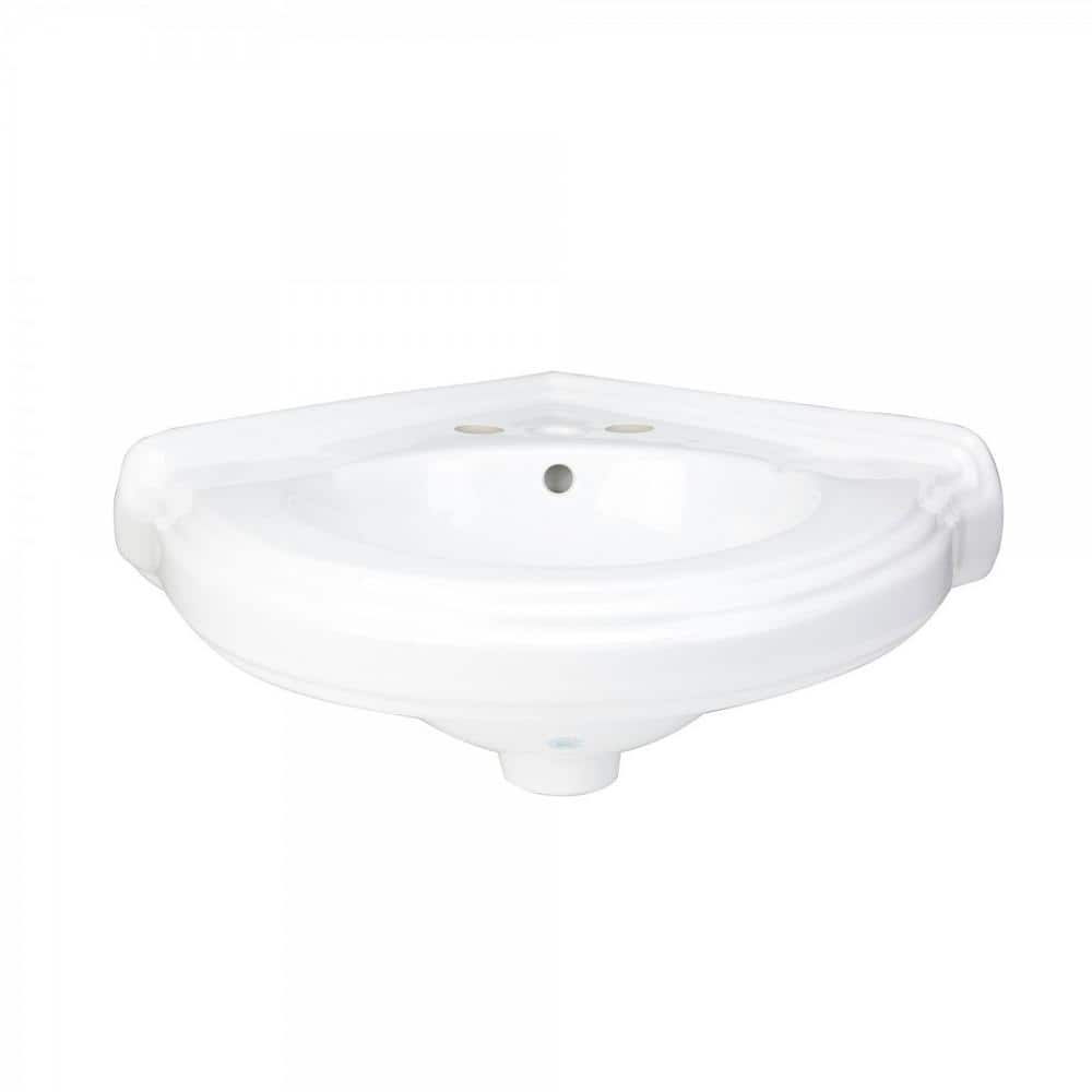 White Ceramic Corner Wall-Mount Vessel Sink with Overflow