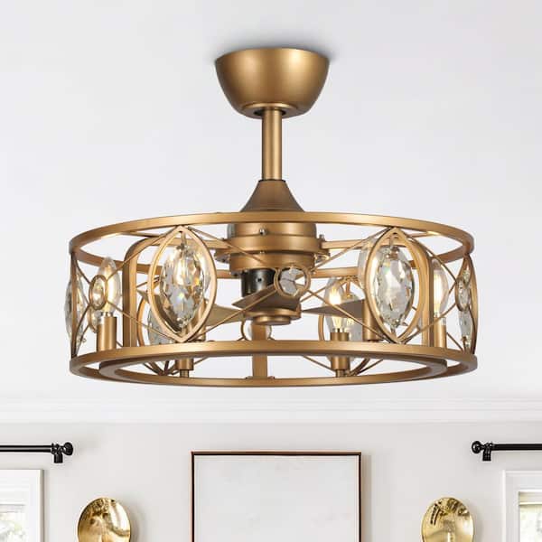 22 in. Indoor Brass Gold Crystal Caged Ceiling Fan Chandelier with Light Kit and Remote Control