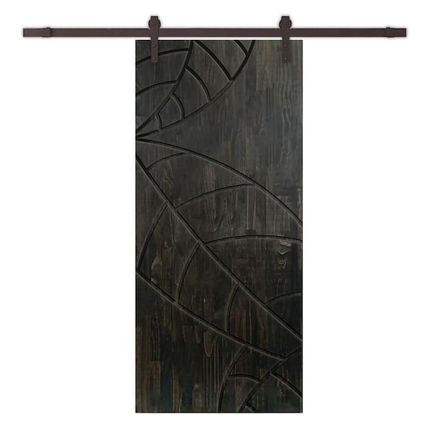 CALHOME 34 in. x 96 in. Charcoal Black Stained Pine Wood Modern Interior Sliding Barn Door with Hardware Kit