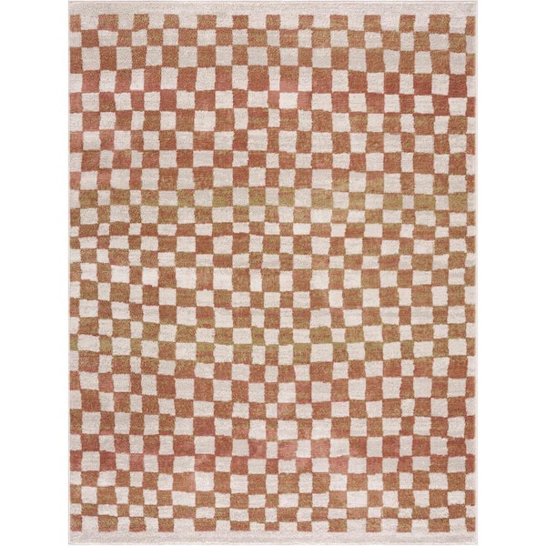 Hauteloom Beige/Orange 2 ft. x 3 ft. Pertek Checkered Square Tile Distressed Rectangle Area Rug