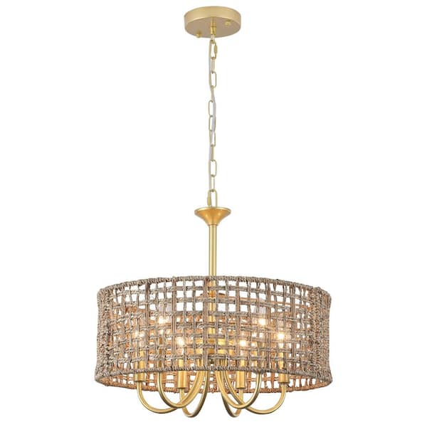 6-Light Gold Hanging Ceiling Candlestick Linear Chandelier Lighting with Rattan Shaded for Kitchen Island