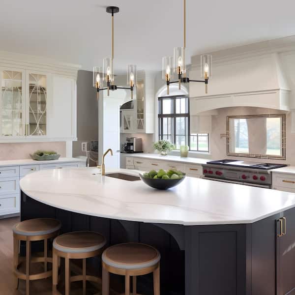 Modern 3-Light Black/Brass Chandelier Lighting, Mid-Century Pendant Light with Cylinder Clear Glass Shades for Kitchen