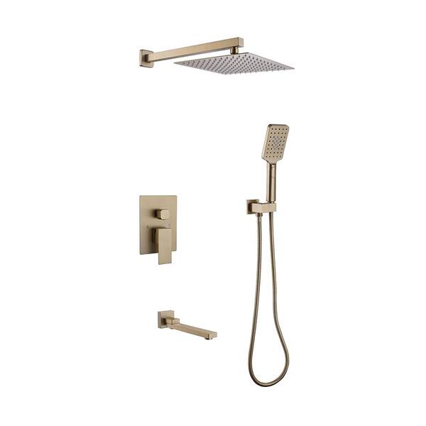 Unbranded Single-Handle 3-Spray Wall Mounted Shower Faucet 3.17 GPM Pressure Balance and Spout in. Brushed Gold Valve Included