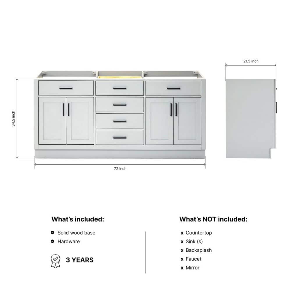 Ariel Hepburn 72" Gray Double Sink Freestanding Vanity Cabinet