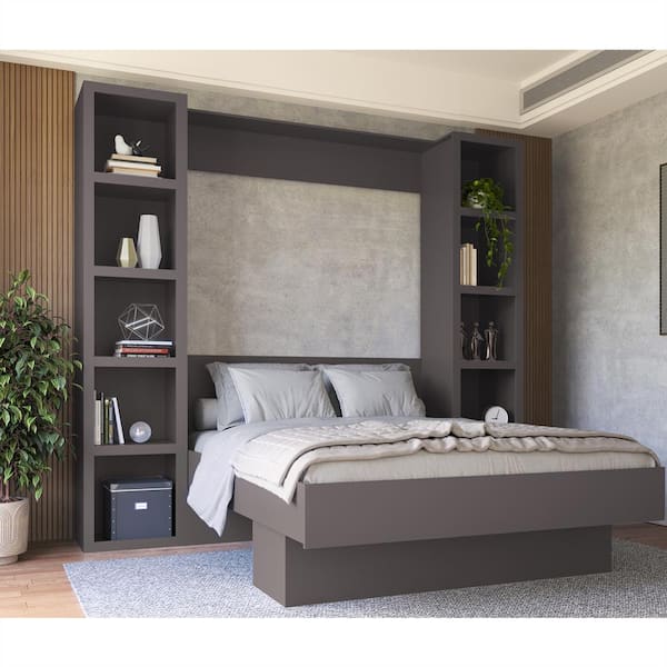 Easy-Lift Gray Wood Frame Queen Murphy Bed with Bookshelf