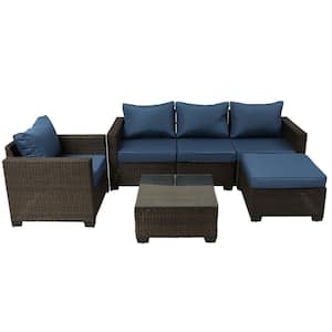 6-Pieces Brown Wicker Outdoor Sectional Sofa Set with Dark Blue Cushions and Table