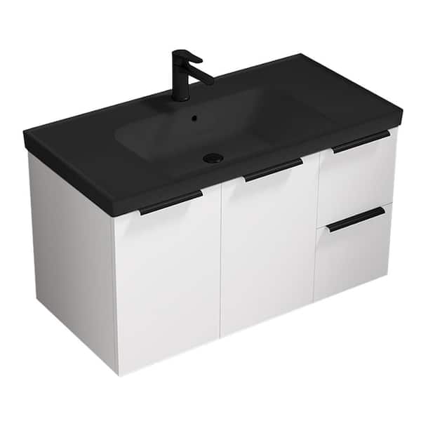 Frame 35.4 in. Modern Freestanding Bath Vanity in Glossy White with Matte Black Ceramic Top