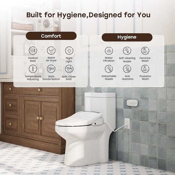 1-Piece Round Bidet Toilet Combo 0.8/1.28 GPF in White with Heated Seat, Front/ Rear Wash, Deodorizing, Remote Control