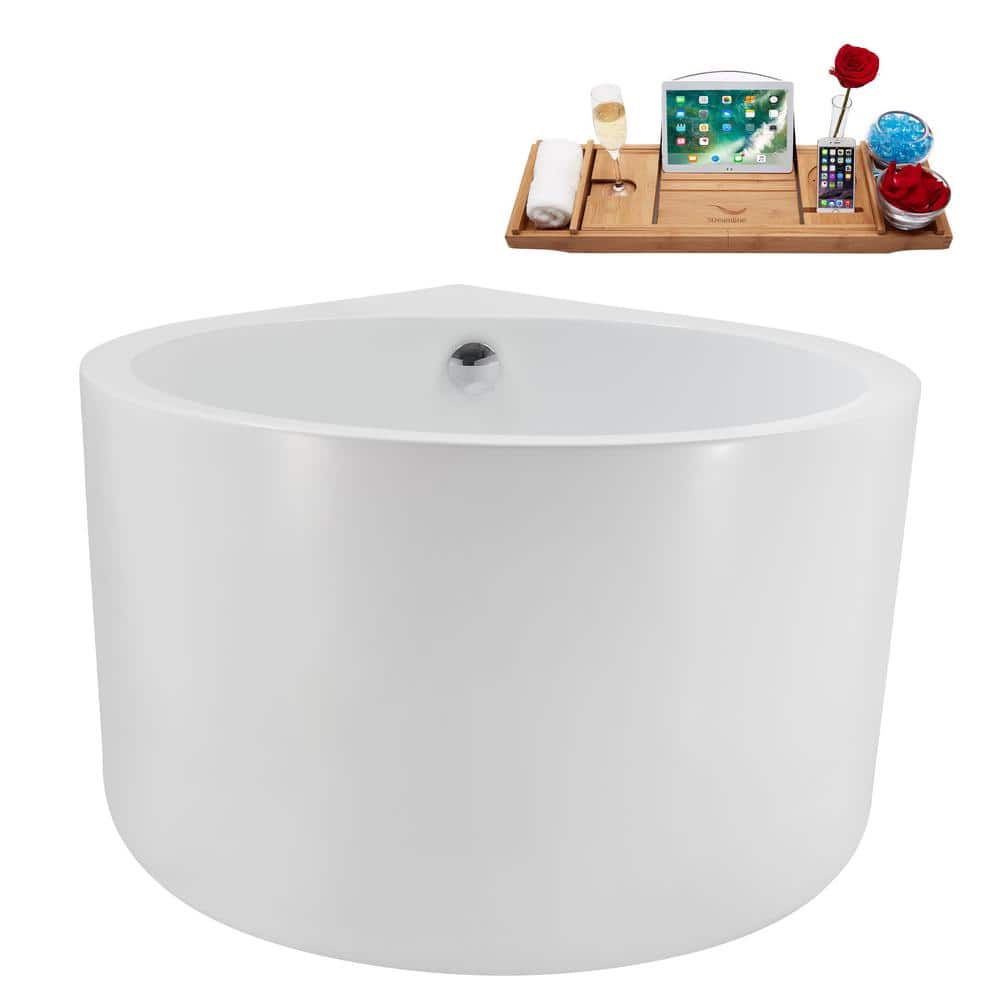 47" Glossy White Acrylic Freestanding Soaking Bathtub with Polished Chrome Drain and Bamboo Tray