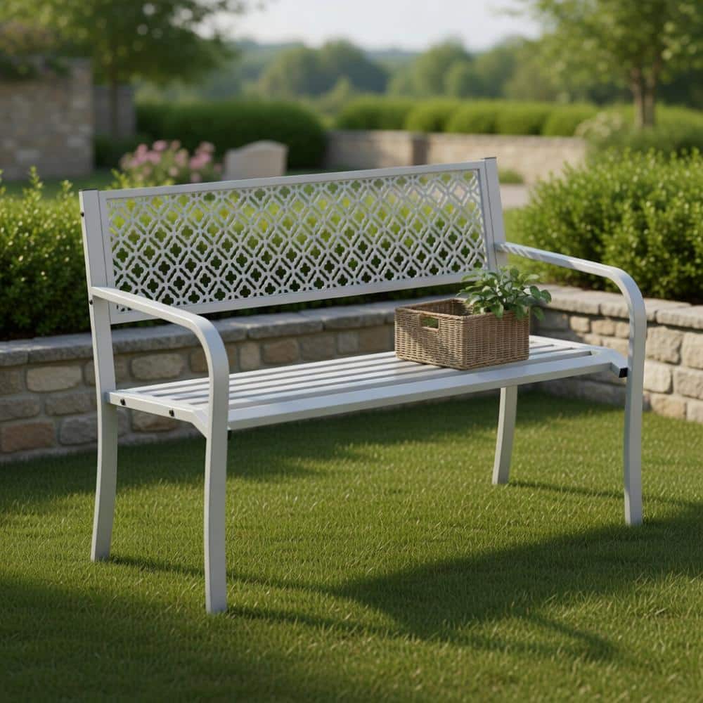 50 Inch Modern Metal Outdoor Bench Geometric Lattice Slatted Seat Heavy Metal Gray Black Red Options price history on PriceWatchPro