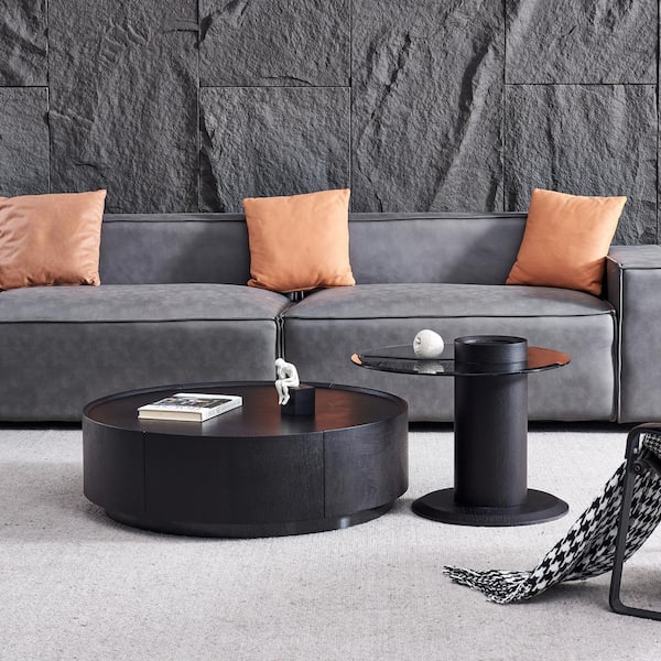 JASIWAY 35.4 in. Black Round MDF Top Coffee Table with Black Tempered Glass Coffee Table