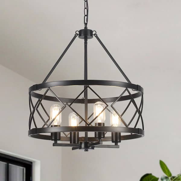 4-Light Black Drum Cage Candlestick Island Chandelier Industrial Pendant Light