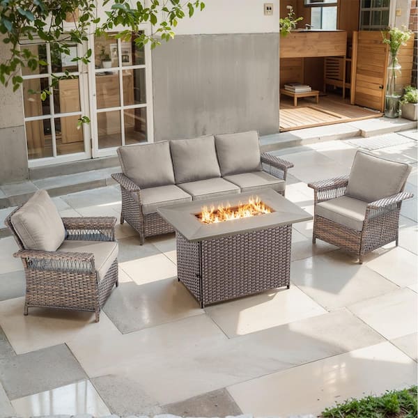 Brown 4-Piece Wicker Outdoor Patio Rectangular Fire Pit Conversation Set, Sofa Seating Set with Gray Cushions