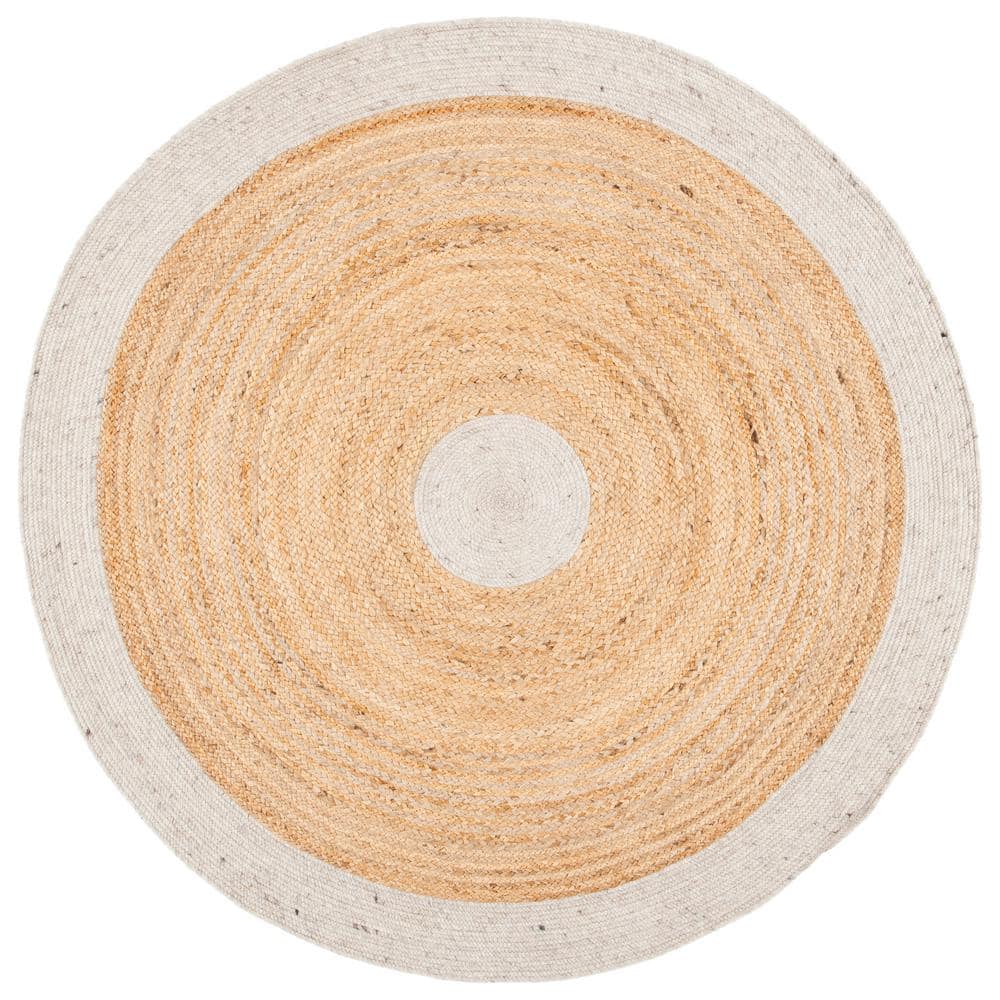 Handmade Beige and Natural Round Wool Cotton Rug, 5' x 5'