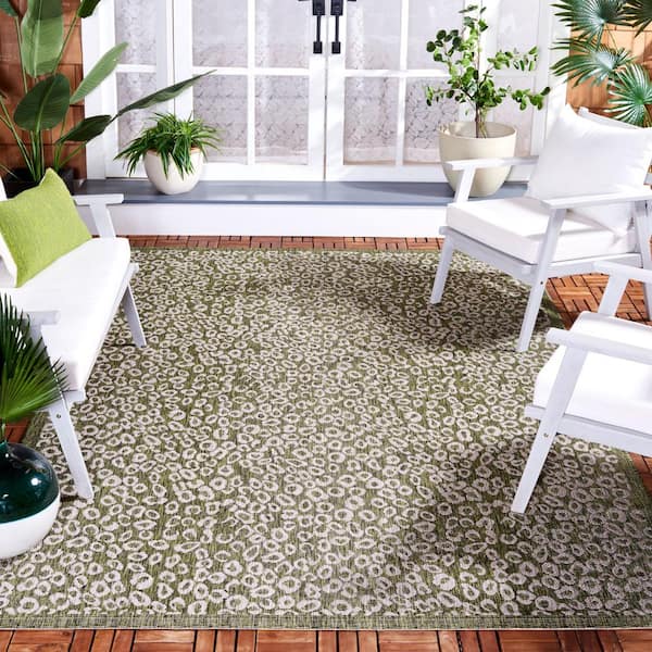 Courtyard Dark Green/Beige 7 ft. x 10 ft. Border Cheetah Indoor/Outdoor Area Rug