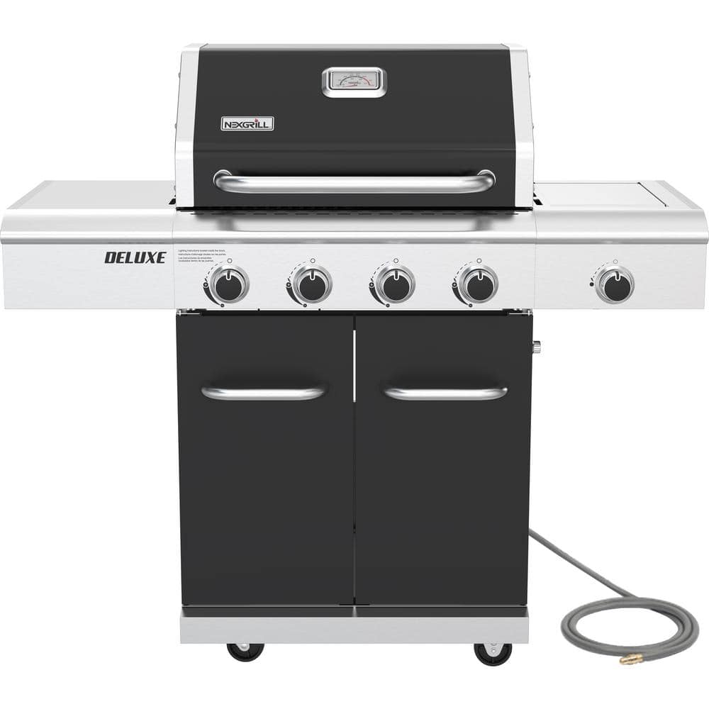 Nexgrill Deluxe 4-Burner Natural Gas Grill in Black with Ceramic Searing Side Burner and Gourmet Plus Cooking System