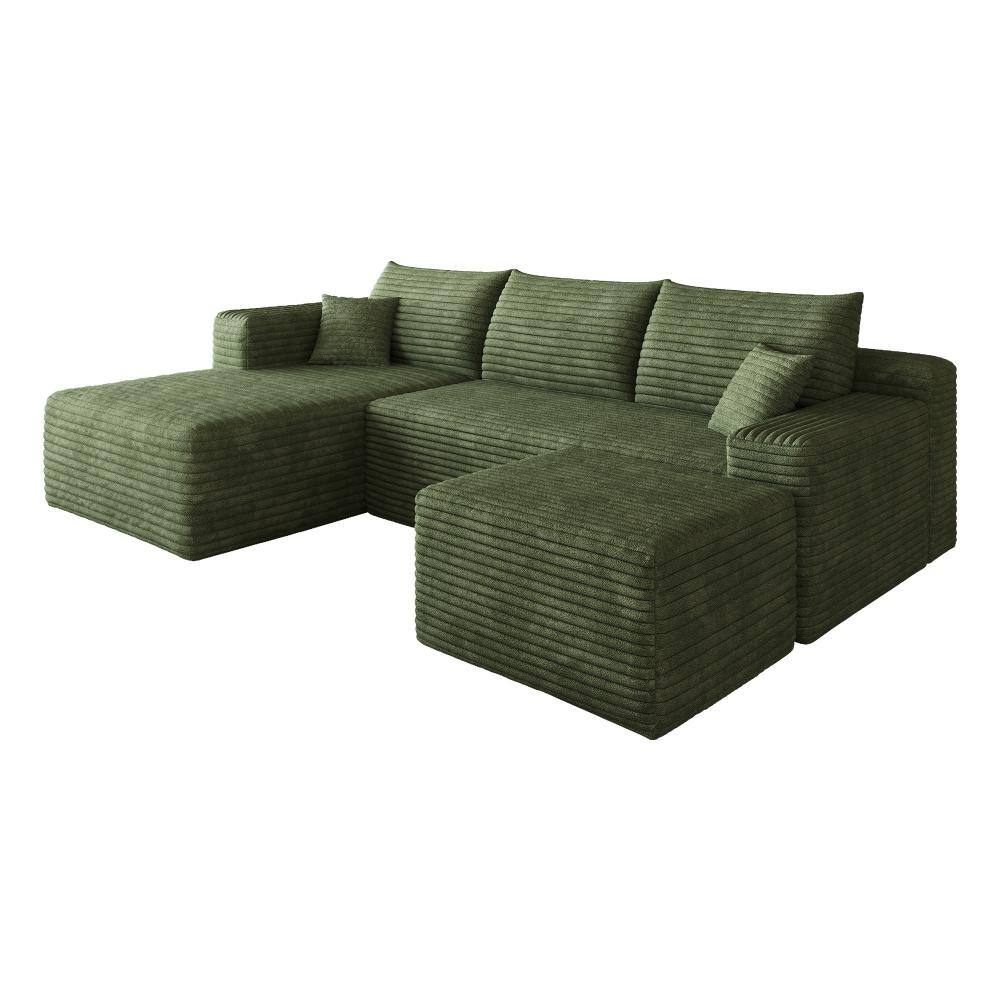 95 in Wide Cloud Sectional Sofa with 1 Ottoman Plush Corduroy U-Shaped Deep Seat Couch in Green