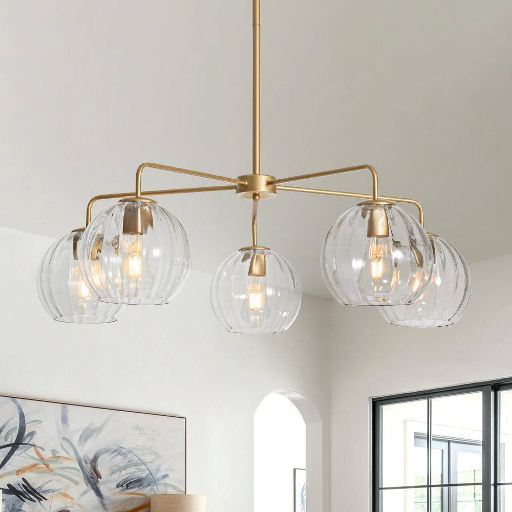 Liora 5-Light Gold Transitional Indoor Adjustable Up or Down Lighting Chandelier with Clear Ribbed Seed Glass Shades price history on PriceWatchPro