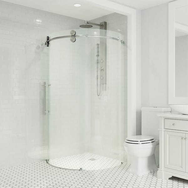 VIGO Sanibel 38 in. L x 38 in. W x 75 in. H Frameless Sliding Round Shower Enclosure in Stainless Steel with Clear Glass