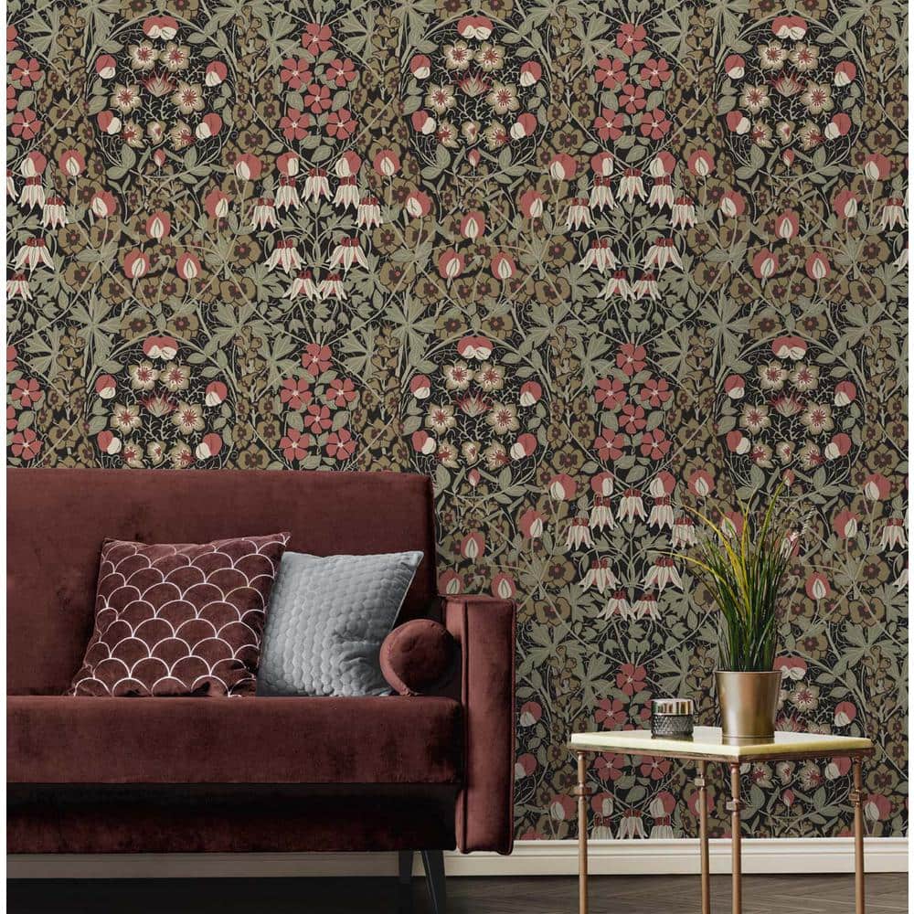 Ebony and Red Clay Floral Peel and Stick Wallpaper