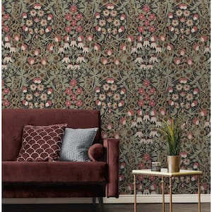 Ebony and Red Clay Tulip Garden Vinyl Peel and Stick Wallpaper Roll (30.75 sq. ft.)