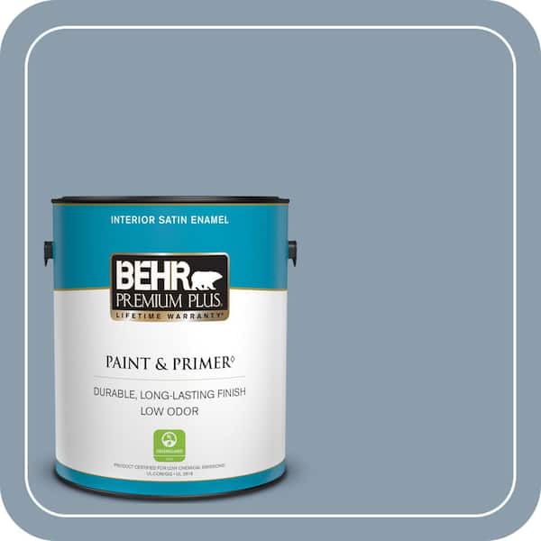 BEHR PREMIUM PLUS 1 gal. #ICC-65 Relaxing Blue Satin Enamel Low Odor Interior Paint & Primer