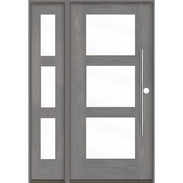 Krosswood Doors Faux Pivot 50 in. x 80 in. 3-Lite Left-Hand/Inswing Clear Glass Malibu Grey Stain Fiberglass Prehung Front Door with LSL