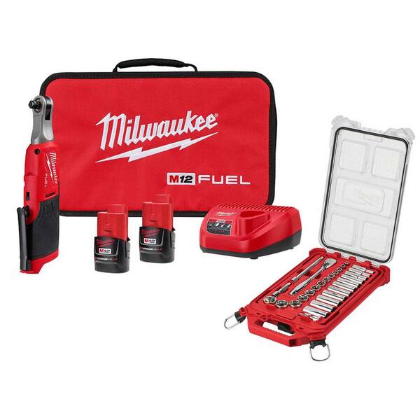 Milwaukee M12 FUEL 12V Lithium-Ion High Speed 3/8 in. Cordless Ratchet Kit w/3/8 in. Ratchet and Socket Mechanics Tool Set