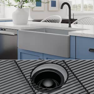 Luxury Matte Gray Solid Fireclay 33 in. Single Bowl Farmhouse Apron Kitchen Sink with Matte Black Accs and Flat Front