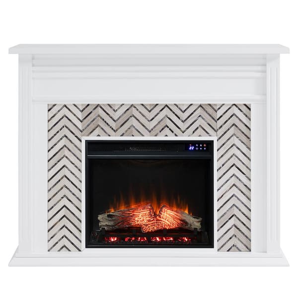 Merrin 50 in. Tiled Marble Electric Fireplace in White