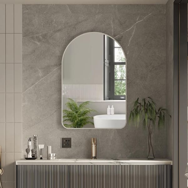 24 in. W. x 36 in. H Arched Framed Wall Bathroom Vanity Mirror with Aluminum Frame in White