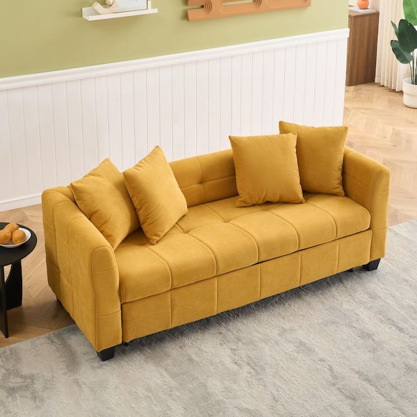 Yellow 77.9 in. Cloud Velvet Dual-Purpose 3-Seater Full Size Sofa Bed with Pull-Out Design