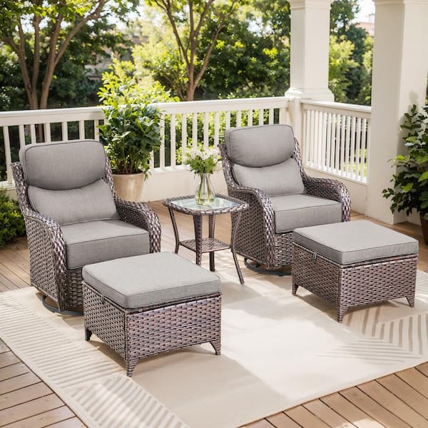Crescent Brown Swivel Glider Wicker Patio Conversation Set with Gray Olefin 6 In. Thick Cushions/Ottoman (5-Piece)