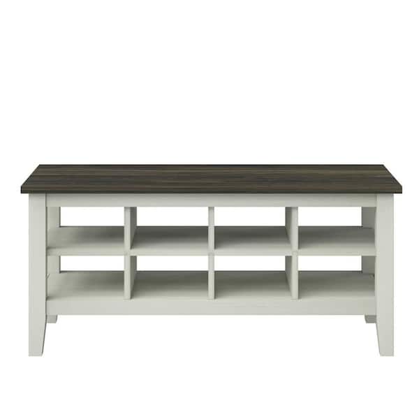 Twin Star Home Old Wood White Storage Bench with Removable Dividers 17.88 in. x 40 in. x15.5 in.
