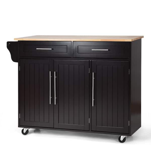 Costway 48 in. Espresso Rolling Kitchen Island Cart with Natural Wood Top and Knife Block