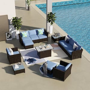 Rimaru 12-Piece Wicker Outdoor Patio Fire Pit Conversation Seating Set with Denim Blue Cushions
