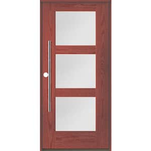 Modern Faux Pivot 36 in. x 80 in. 3-Lite Right-Hand/Inswing Satin Glass Redwood Stain Fiberglass Prehung Front Door