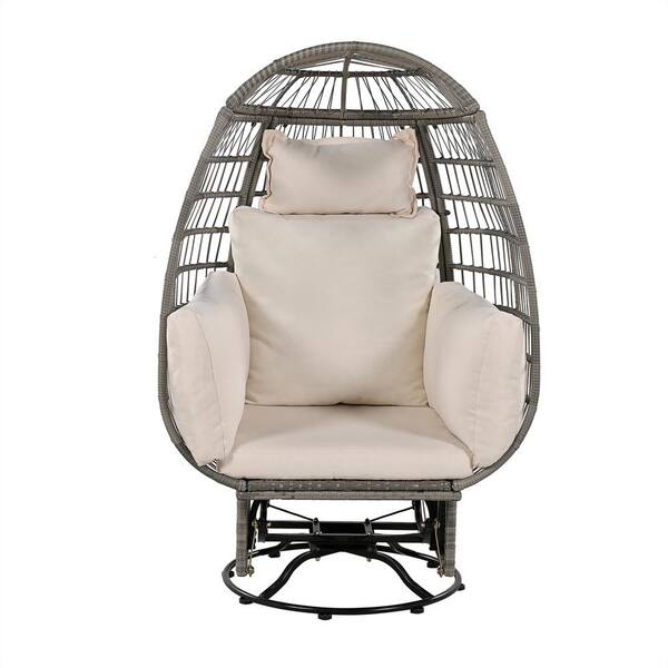 Zeus & Ruta Gray Wicker Patio Swing Freestanding Egg Chair with Beige Cushions and Rocking Function for Balcony