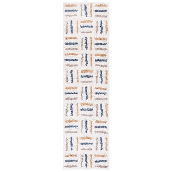 Calico Shag 2 ft. x 7 ft. Ivory/Gold Geometric Striped Runner Rug