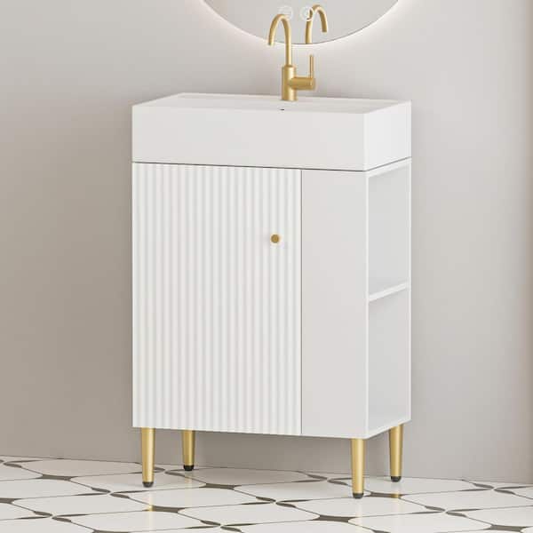 Qidian 21.6 in. W in Single Sink Freestanding White Bath Vanity, with White Ceramic Top Basin, Right Side Storage Cabinet