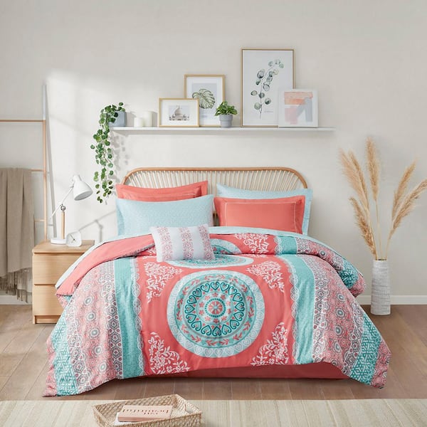 Afoxsos 9-Piece Bed-in-a-Bag Set Coral Twin Size with Bed Sheets Boho Comforter Set