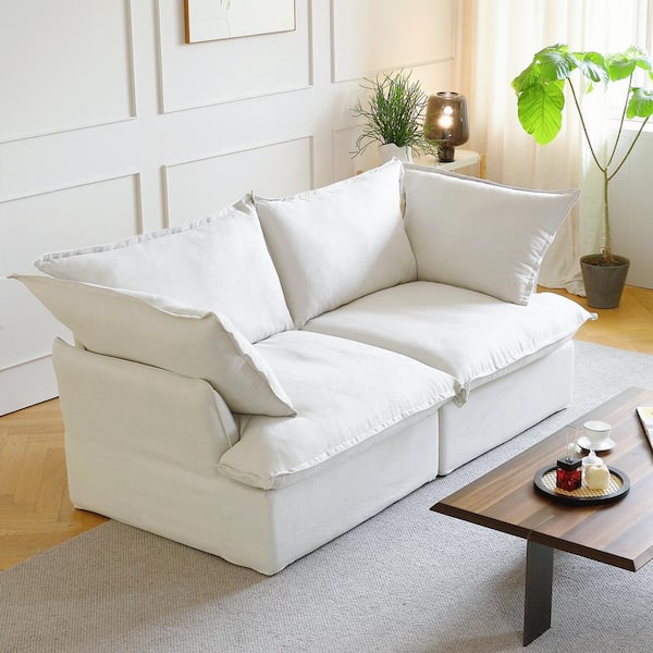 Magic Home 83 in. Flared Arm 2-Piece Overstuffed Linen Flannel Modular Deep Seat Sectional Sofa Cloud Couch in White