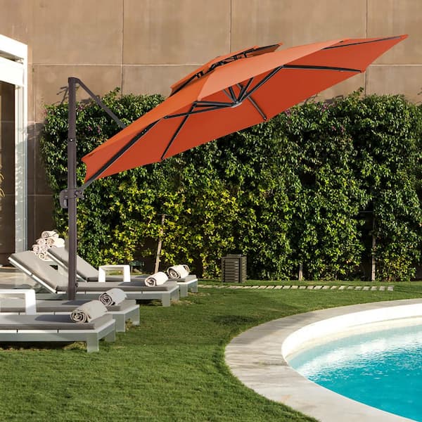 11 ft.Double Top Round Outdoor Cantilever umbrella with Cover,Heavy-Duty 360° Rotation Patio Umbrella in Pumpkin