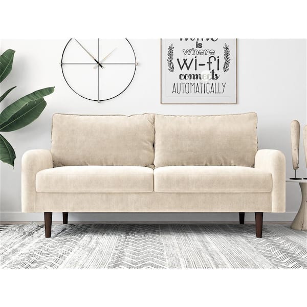 US Pride Furniture Kalum 70 in. Wide Square Arm Velvet Mid-Century Modern Rectangle Sofa in Ivory